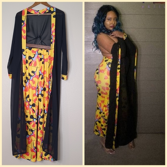 AmiClubwear Black Yellow Multicolored Mesh Kimono Pants Set Women's Size Large - Picture 1 of 12